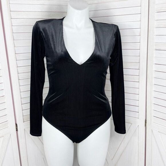 Good American All Day Ribbed Velvet Deep V Neck Bodysuit Black 4 XL - Picture 1 of 16